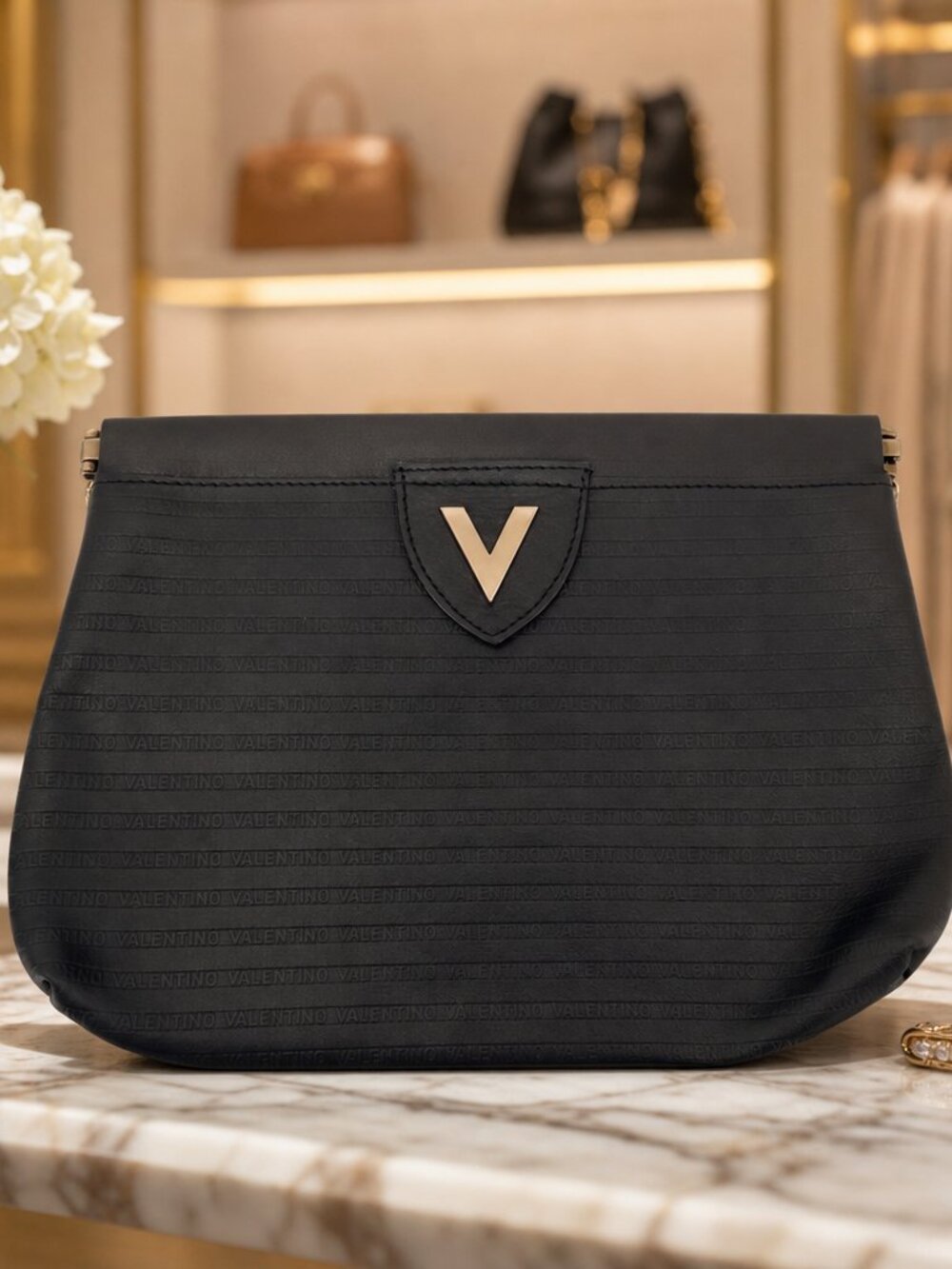 Vintage Mario Valentino Black Leather Logo Embossed Clutch
